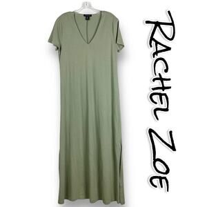 Rachel Zoe Maxi Dress Cotton Olive Sage Green Side Slit Lagenlook Womens Size M